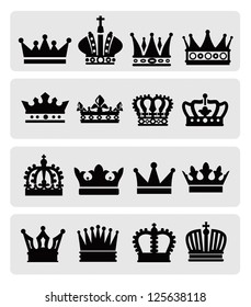 vector black crown icons set on gray