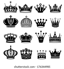 vector black crown icons set on white