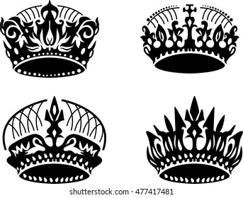 Vector black crown icons set on white. Elegant style design