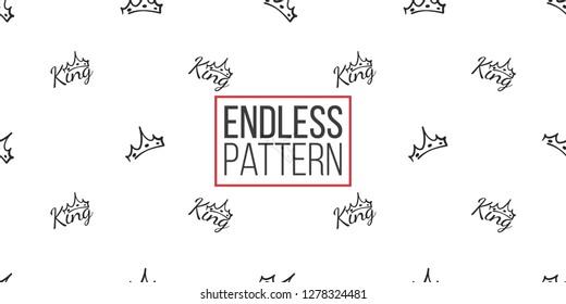 Vector black crown and king inscription seamless pattern background. Black outline hand drawn crown illustrations. Simple fashionable backdrop for invitation and wedding decoration design.