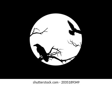 Vector black crows and driftwood on a white round background, halloween element for cards, posters, element for design, prints on clothes