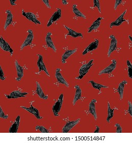 Vector Black Crows Ravens Birds on Red Background Seamless Repeat Pattern