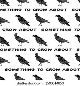Vector Black Crows Ravens Birds on White with Text Seamless Repeat Pattern