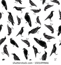 Vector Black Crows Ravens Birds on White Background Seamless Repeat Pattern