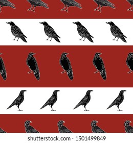 Vector Black Crows Ravens Birds on Red White Stripe Background Seamless Repeat Pattern