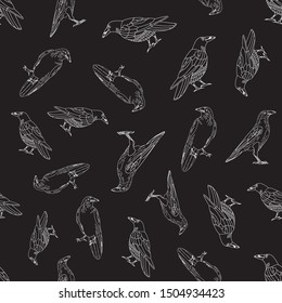 Vector Black Crows Ravens Birds on Black Background Seamless Repeat Pattern