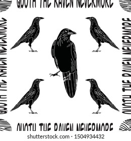 Vector Black Crows Ravens Birds on White with Poe Quote Seamless Repeat Pattern