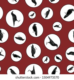 Vector Black Crows Ravens Birds in White Polka Dots on Red Background Seamless Repeat Pattern