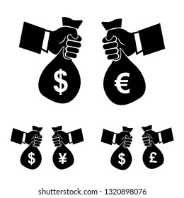 Vector black currency exchange icon, deal for the exchange of dollars and euros, dollars and yen, dollars and pounds. Two people exchange money bags, black silhouette of a hand holding a bag of money.