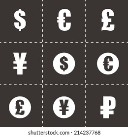 Vector black currency symbols  icons set on black background