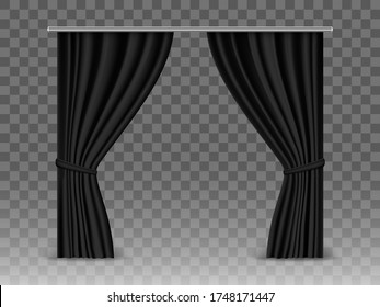 Vector black curtains isolated on transparent background. Realistic mockup curtains hanging on metal rod