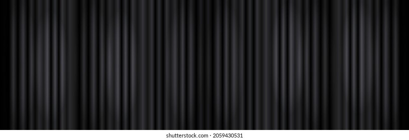 Vector Black Curtains Long Banner Background, Stage Illumination Concept, Monochrome Backdrop Template.