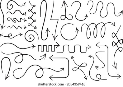 Arcos de flechas curvas negras vectoriales. Colección de flechas de giro planas. Ilustraciones de flecha de contorno, con punteros y cursores de diseño lineal girados y girados aislados en fondo blanco.
