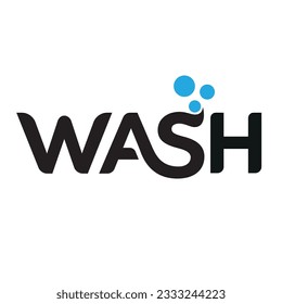 Vector black custom lettering logo of the word Wash with light blue bubbles