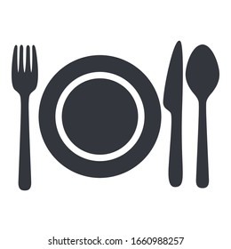 Vector Black Cutlery Icon - Fork, Knife, Spoon and Plate.