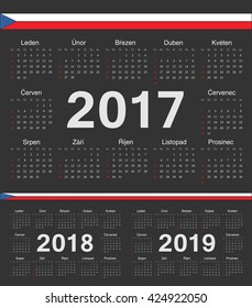 Vector black Czech circle calendars 2017, 2018, 2019. Week starts from Sunday.