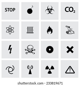 Vector black danger icons set on grey background.