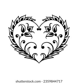 Corazón decorativo vectorial negro sobre fondo blanco. Corazón dibujado a mano creativo para el diseño de cartas o el tatuaje