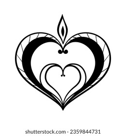 Vector black decorative heart on white background. Creative hand drawn heart for card design or tatoo