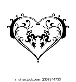 Vector black decorative heart on white background. Creative hand drawn heart for card design or tatoo