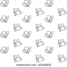 Vector Black Decorative Seamless Backdround Pattern with Drawn Flowers, Blossom, Plants. Doodle Style Greenery, Lush Foliage, Foliate. Vector Illustration. Pattern Swatch