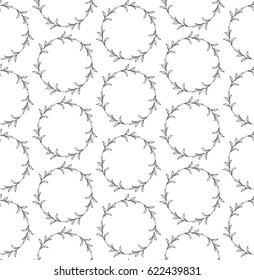 Vector Black Decorative Seamless Backdround Pattern with Drawn Circles with Herbs, Plants, Branches. Doodle Style Greenery, Lush Foliage, Foliate. Vector Illustration. Pattern Swatch