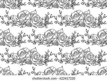 Vector Black Decorative Seamless Background Pattern with Drawn Flowers, Roses with Branches. Doodle Style Greenery, Lush Foliage, Foliate. Vector Illustration. Pattern Swatch