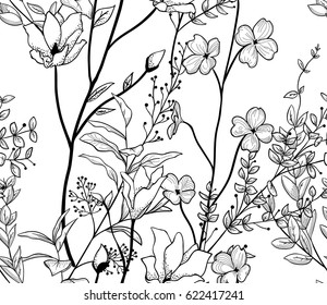 Vector Black Decorative Seamless Background Pattern with Drawn Flowers, Herbs, Plants, Branches. Doodle Style Greenery, Lush Foliage, Foliate. Vector Illustration. Pattern Swatch