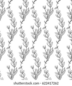 Vector Black Decorative Seamless Background Pattern With Drawn Herbs, Plants, Branches. Doodle Style Greenery, Lush Foliage, Foliate. Vector Illustration. Pattern Swatch