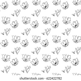 Vector Black Decorative Seamless Background Pattern with Drawn Flowers, Blossom, Plants. Doodle Style Greenery, Lush Foliage, Foliate. Vector Illustration. Pattern Swatch