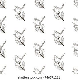 Vector Black Decorative Seamless Background Pattern with Drawn Flowers, Peonies. Hand Drawn. Vector Illustration with Pattern Swatch
