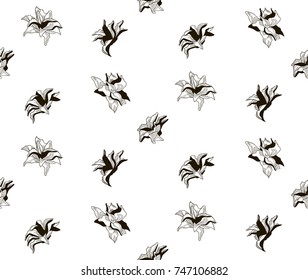 Vector Black Decorative Seamless Background Pattern with Drawn Flowers. Hand Drawn. Vector Illustration with Pattern Swatch