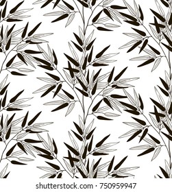 Vector Black Decorative Seamless Background Pattern with Drawn Bamboo Leaves, Branches. Hand Drawn Vector Illustration with Pattern Swatch