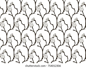 Vector Black Decorative Seamless Background Pattern with Drawn Flower Buds, Cherry Blossom. Hand Drawn. Vector Illustration with Pattern Swatch