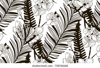 Vector Black Decorative Seamless Background Pattern with Drawn Flowers and Leaves, Orchid, Cherry Blossom, Fern Leaf. Hand Drawn. Vector Illustration with Pattern Swatch