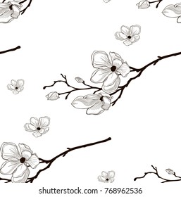 Vector Black Decorative Seamless Background Pattern with Drawn Flowers, Cherry Blossom. Hand Drawn. Vector Illustration with Pattern Swatch