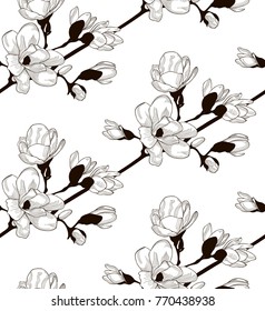 Vector Black Decorative Seamless Background Pattern with Drawn Flowers, Cherry Blossom. Hand Drawn. Vector Illustration with Pattern Swatch