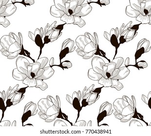 Vector Black Decorative Seamless Background Pattern with Drawn Flowers, Cherry Blossom. Hand Drawn. Vector Illustration with Pattern Swatch
