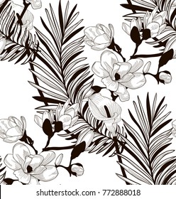 Vector Black Decorative Seamless Background Pattern with Drawn Flowers and Leaves, Fern Leaf, Calla Lily, Cherry Blossom. Hand Drawn. Vector Illustration with Pattern Swatch