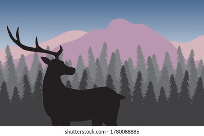 Vector black deer silhouette in colored flat landscape with spruce tree forest and mountains