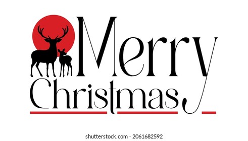 Vector black deer stag reindeer silhouette with antlers on red moon background.Outline stencil drawing.Merry Christmas text.Winter decoration.Vinyl wall sticker decal.Plotter Laser Cut.New Year.DIY.