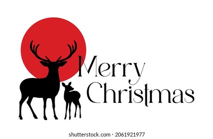 Vector black deer stag reindeer silhouette with antlers.Red moon sun background.Outline stencil drawing.Merry Christmas text.Winter decoration.Vinyl wall sticker decal.Plotter Laser Cut.New Year. DIY