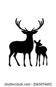 Vector black deer stag reindeer silhouette with antlers on white background.Outline stencil drawing.Merry Christmas.Winter decoration.Vinyl wall sticker decal. Cricut. Plotter Laser Cut.New Year. DIY.