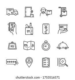 Vector Black Delivery Icons On White. Food Delivery Service. Set Of Icons For Delivery Truck, Order Tracking, Safe Delivery. Vector Outline Icon With Editable Stroke