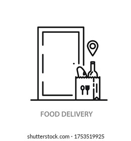 Vector Black Delivery Icons On White. Food Delivery Service. Set Of Icons For Delivery Door To Door, Safe Delivery. Vector Outline Icon With Editable Stroke