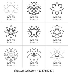 Vector black design elements set, round line patterns, logo templates. Monochrome geometric mandala ornaments in trendy linear style for luxury products, organic cosmetics packaging, business cards