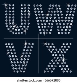 Vector black and diamond alphabet. Letters U W V X