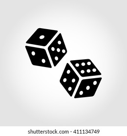 Vector black dice cubes icon on grey background. Two black dice cubes