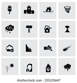 Vector black disaster icons set on grey background