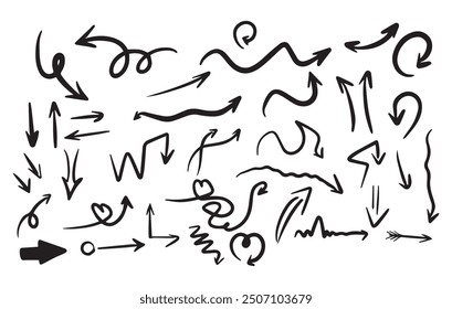 Vector black doodle arrows set. Hand-drawn marker arrows design elements. 